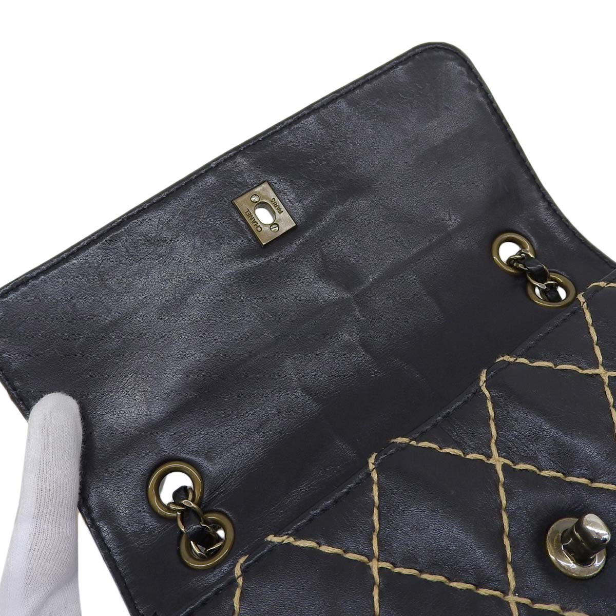 シャネル CHANEL ワイルドステッチ チェーン ショルダーバッグ レザー ブラック レディース 6番 4518