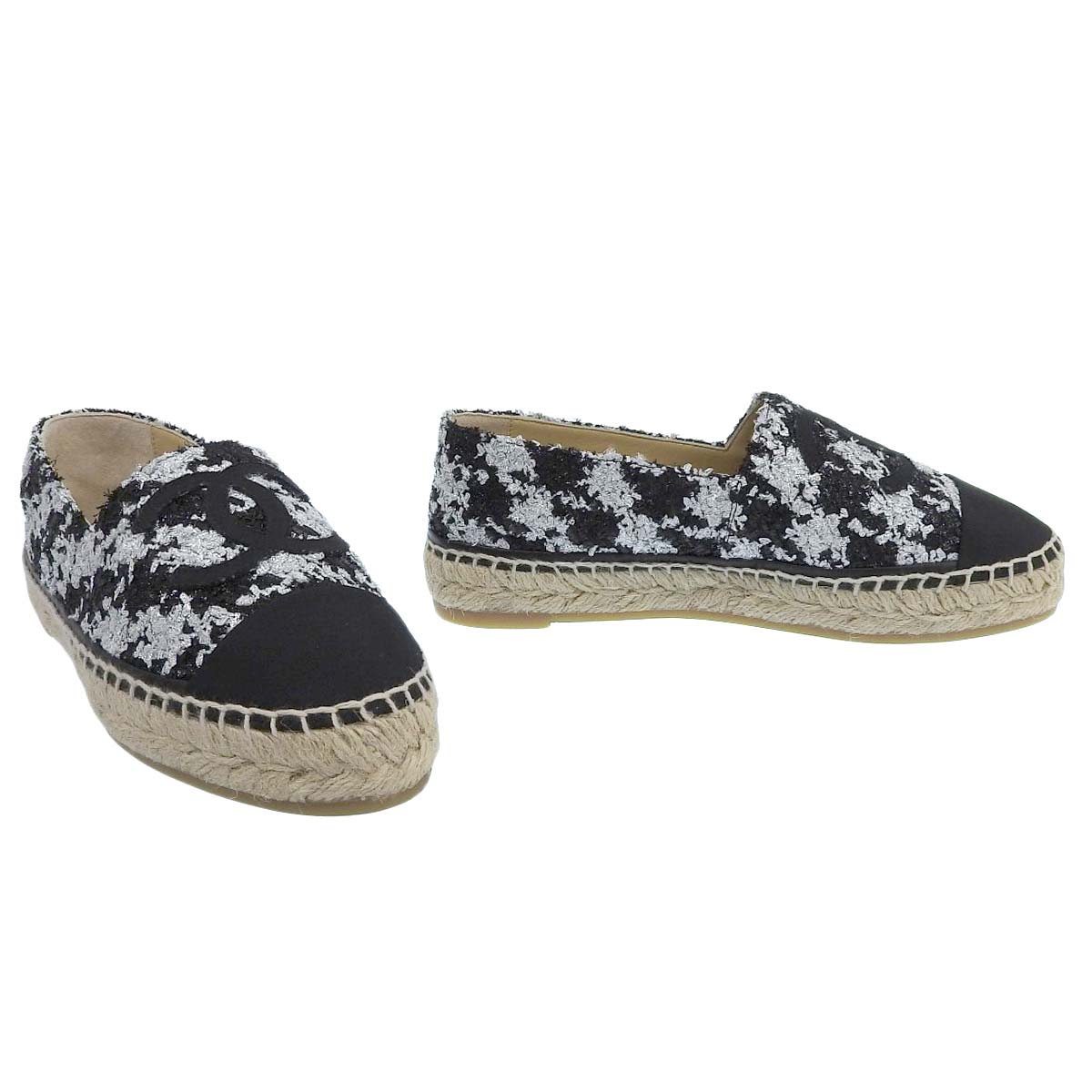 シャネル CHANEL ココマーク エスパドリーユ ESPADRILLES ラメツイード ブラック×シルバー 37 レディース 4563