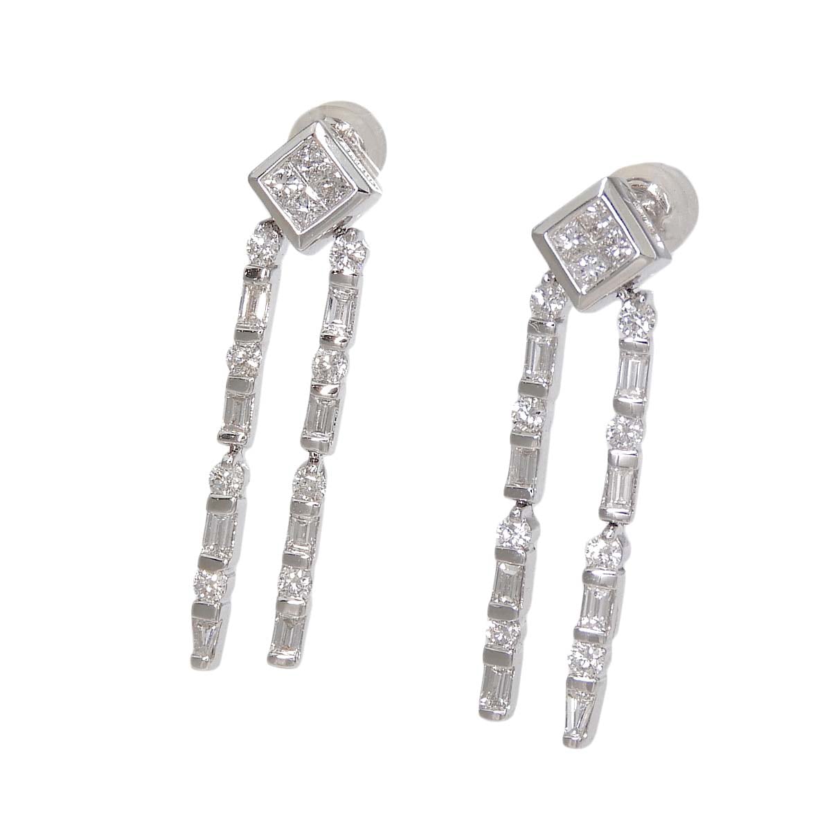K18WG ホワイトゴールド ダイヤモンド 1.28ct 1.28ct 2連チェーン 揺れ ピアス レディース 4778