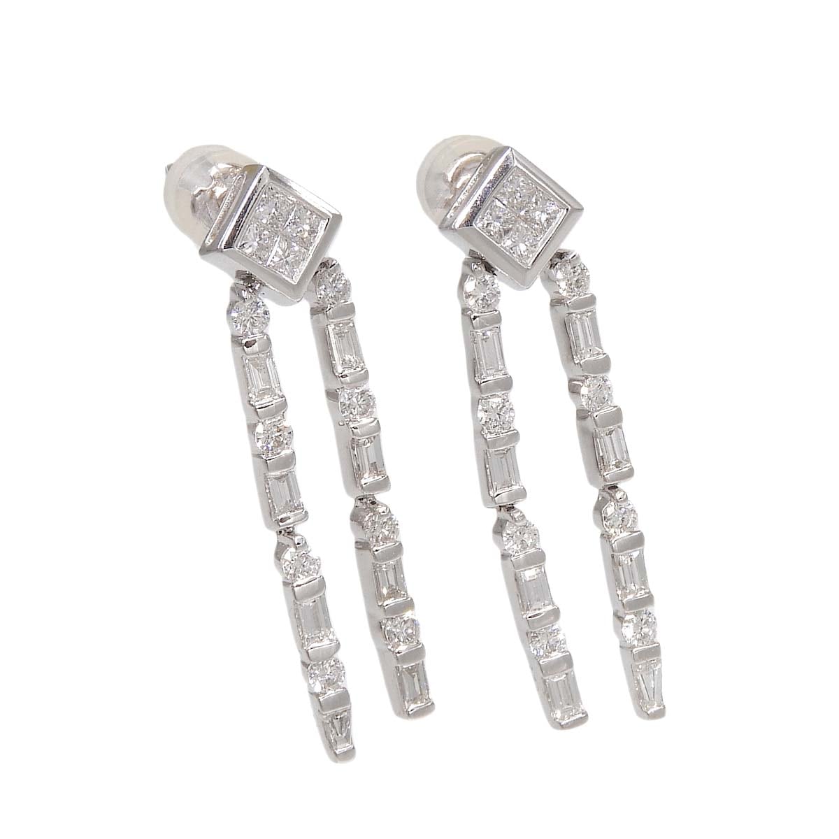 K18WG ホワイトゴールド ダイヤモンド 1.28ct 1.28ct 2連チェーン 揺れ ピアス レディース 4778
