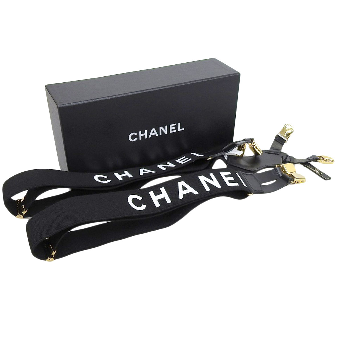 シャネル CHANEL サスペンダー ロゴ ベルト ゴールド金具 ココマーク レザー ゴム ブラック系 レディース 4094