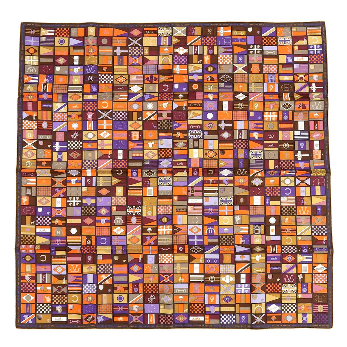 エルメス HERMES カレ90 HERMES EN VOYAGE ヴォヤージュ スカーフ シルク100% ブラウン×マルチカラー レディース 4246