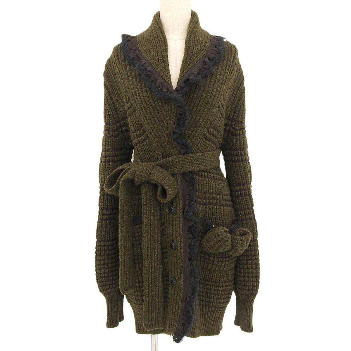 シャネル CHANEL ベルト付き リボン ロングニット ヤク×カシミヤ カーキ 38 レディース 08A 4691