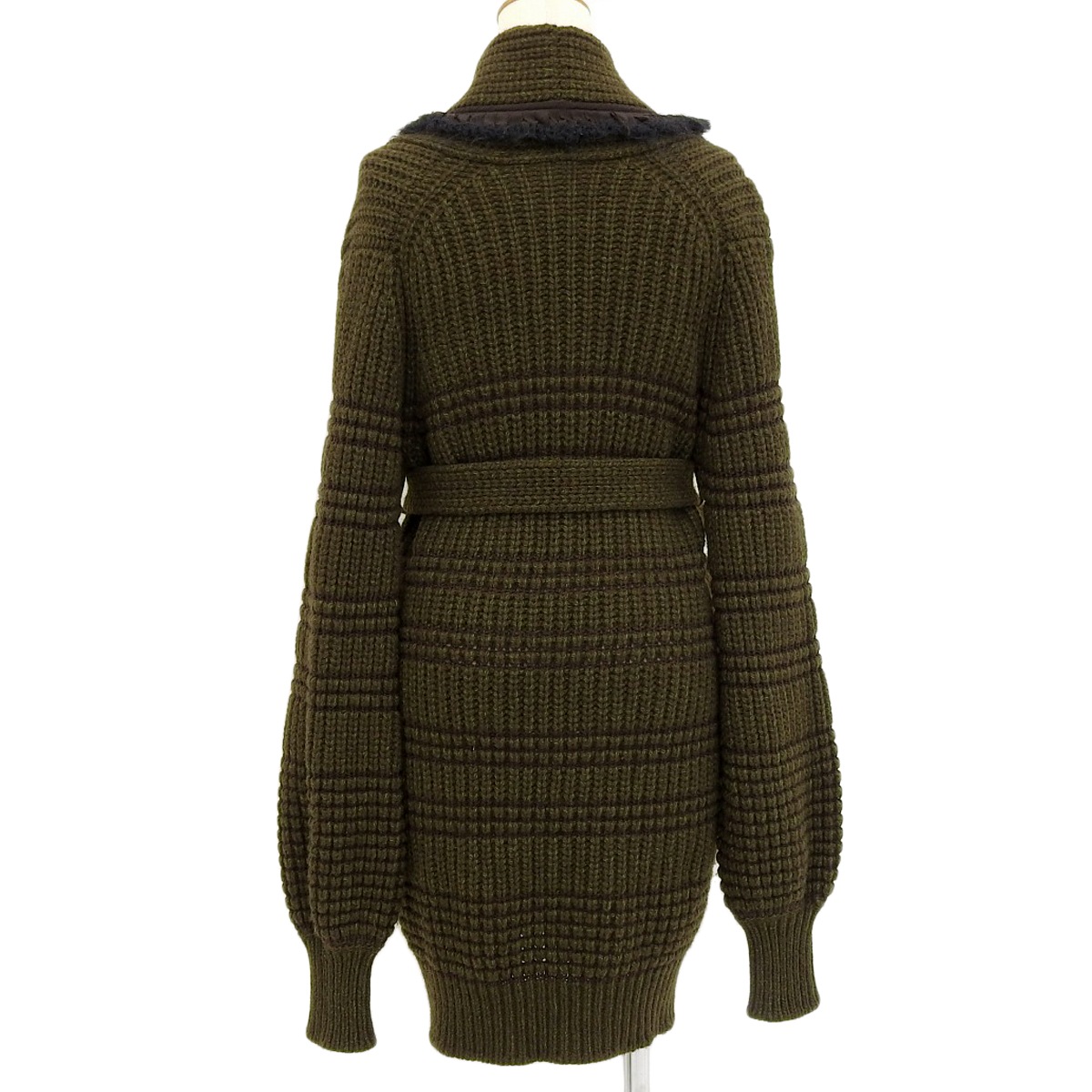 シャネル CHANEL ベルト付き リボン ロングニット ヤク×カシミヤ カーキ 38 レディース 08A 4691