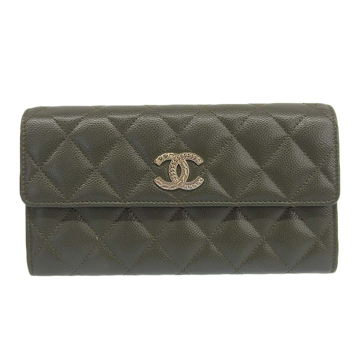 シャネル CHANEL マトラッセ ココマーク ロングウォレット 長財布 キャビアスキン カーキ レディース 4568