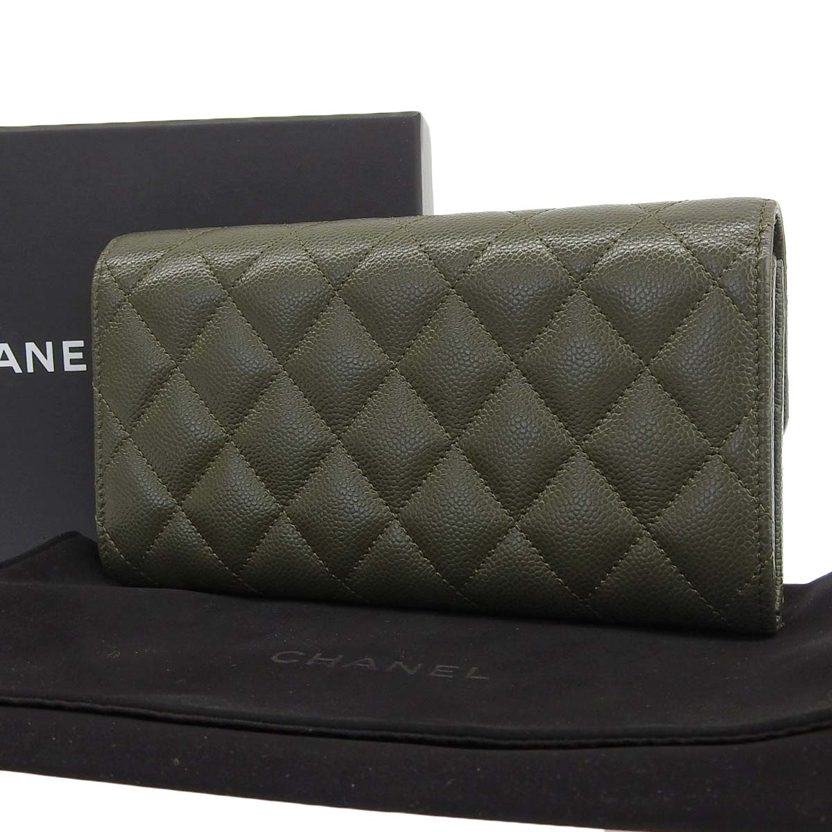 シャネル CHANEL マトラッセ ココマーク ロングウォレット 長財布 キャビアスキン カーキ レディース 4568