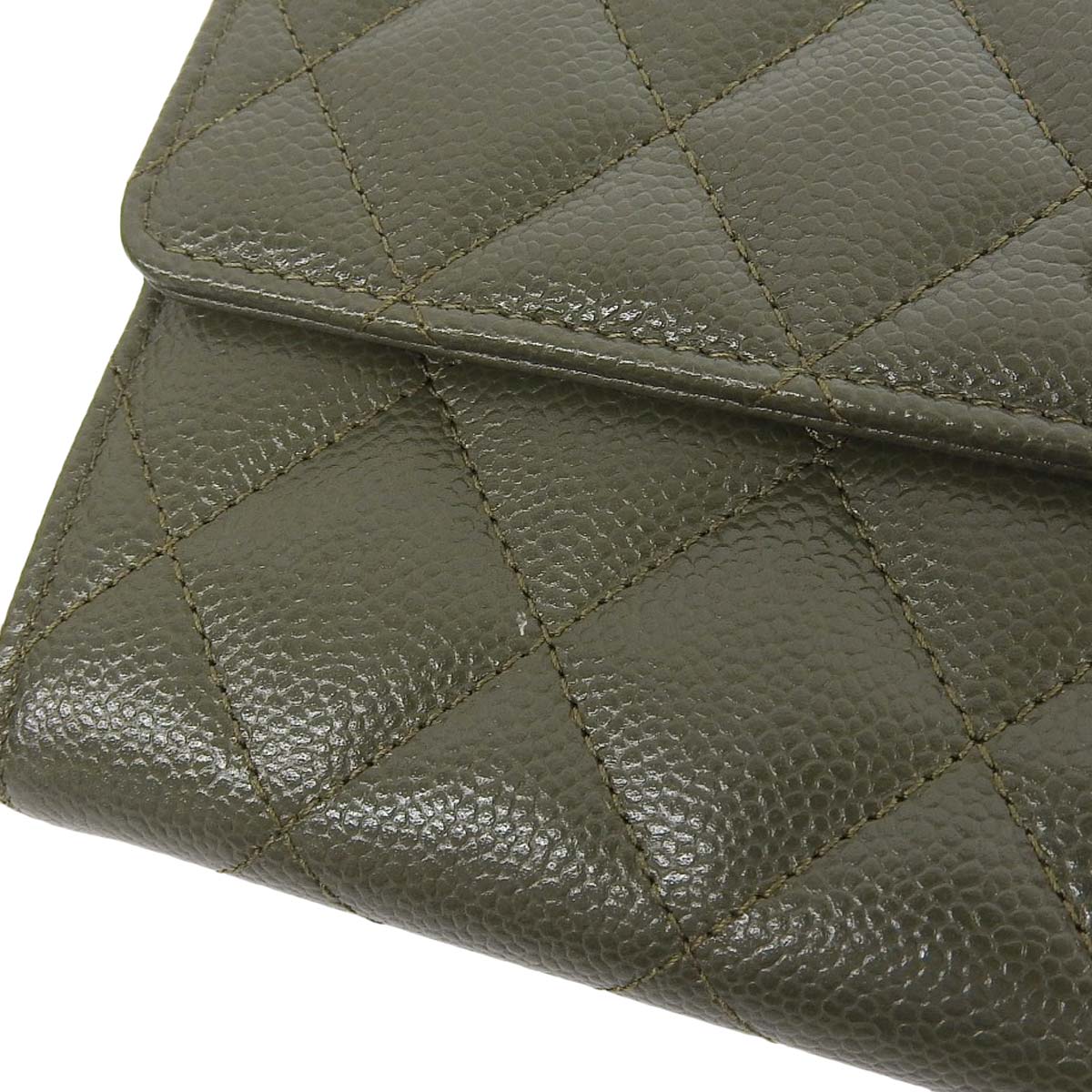 シャネル CHANEL マトラッセ ココマーク ロングウォレット 長財布 キャビアスキン カーキ レディース 4568