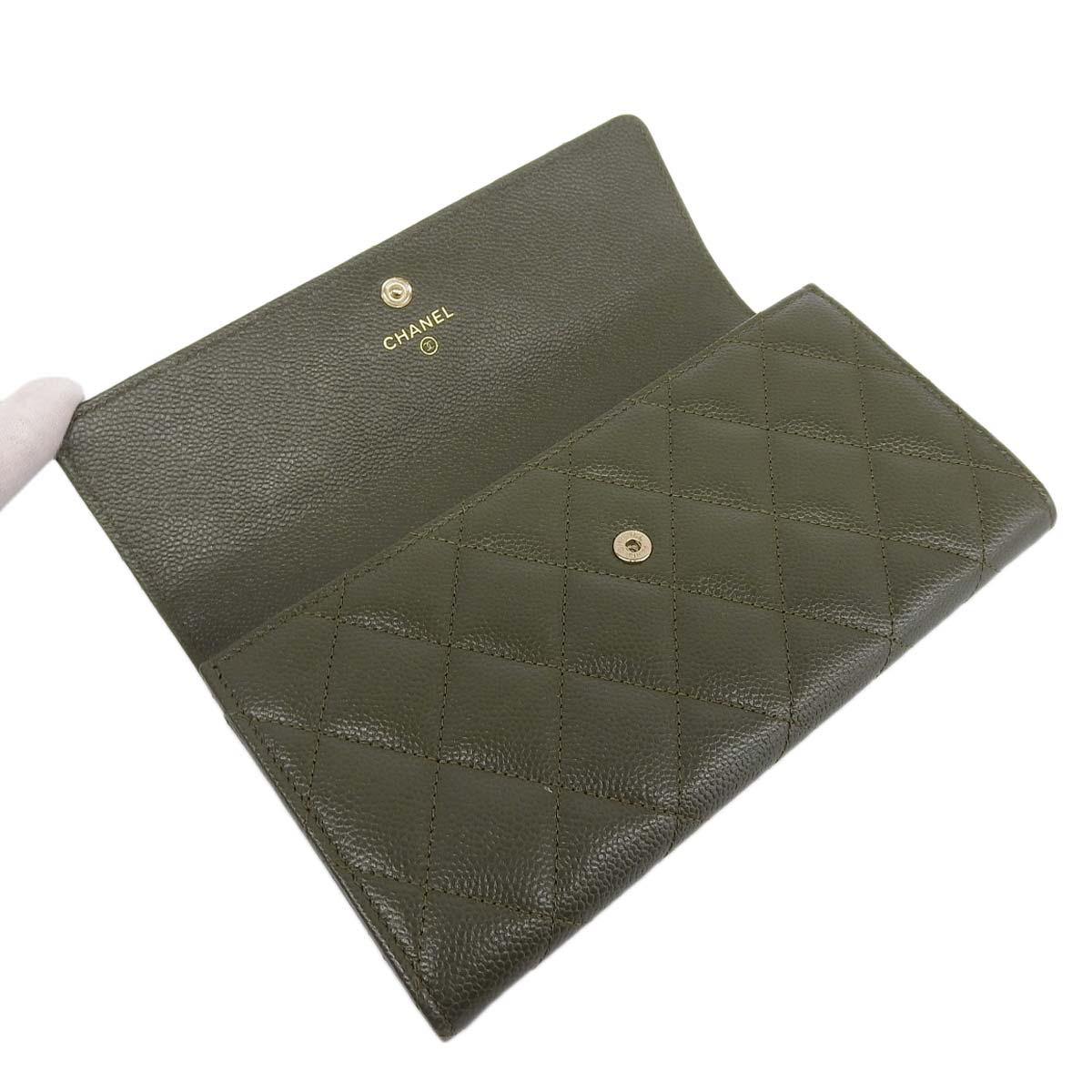 シャネル CHANEL マトラッセ ココマーク ロングウォレット 長財布 キャビアスキン カーキ レディース 4568