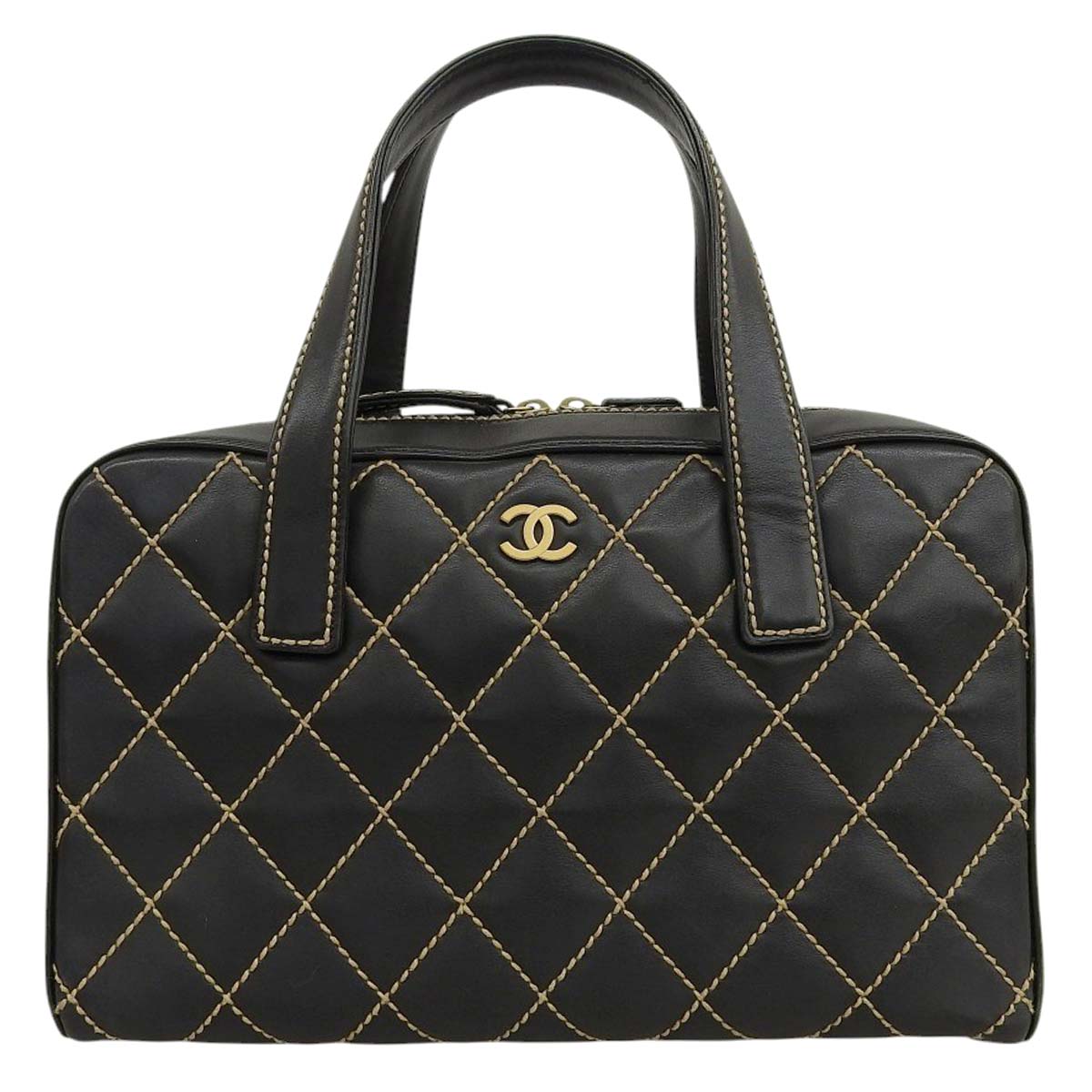 シャネル CHANEL ワイルドステッチ ココマーク ハンドバッグ カーフレザー ブラック レディース 8番台 4626