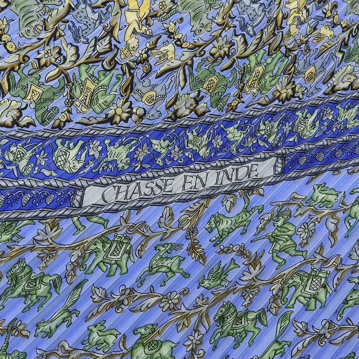 エルメス HERMES プリーツ スカーフ CHASSE EN INDE インドの狩猟 像 動物 シルク ブルー系 レディース 4715