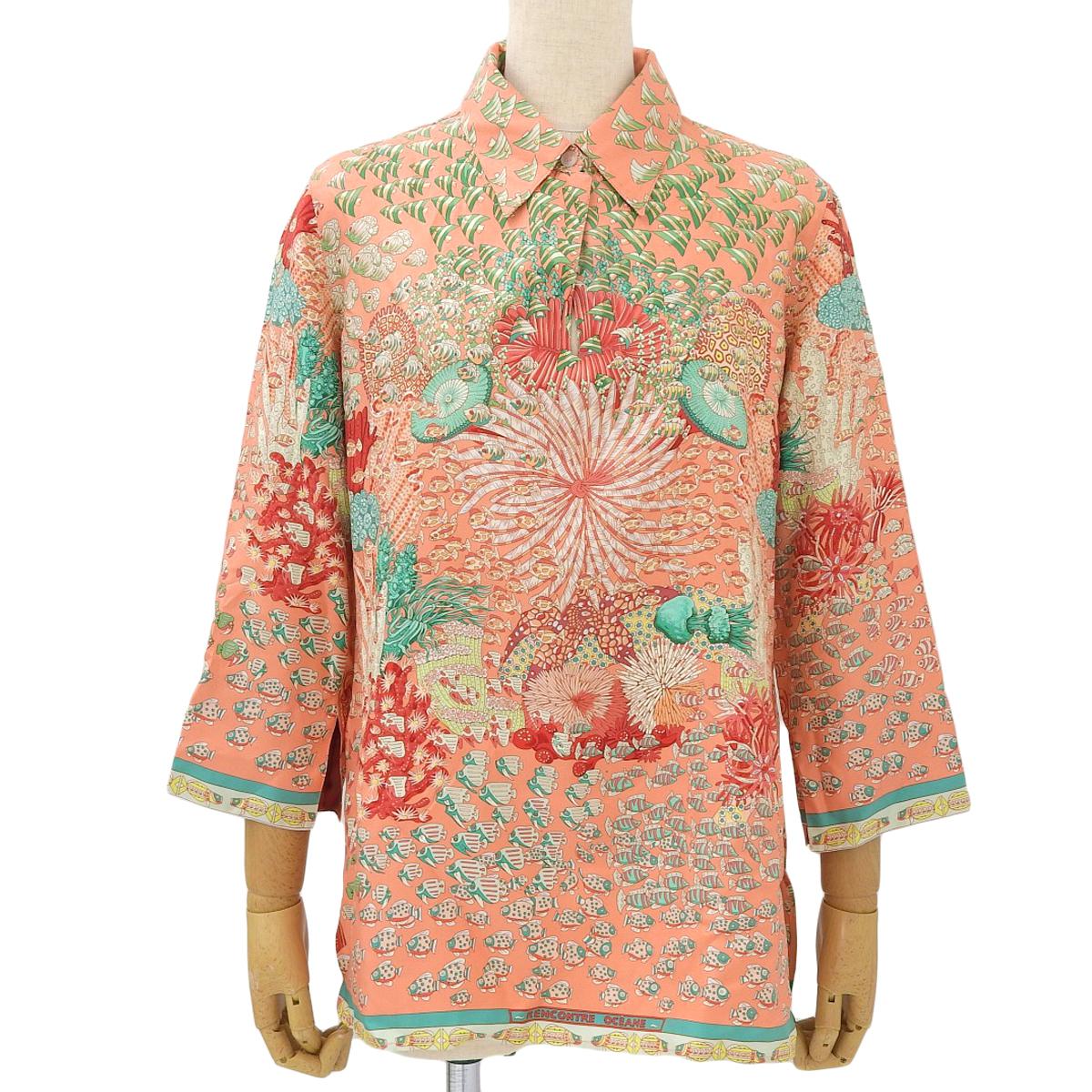 エルメス HERMES フィッシュ柄 プルオーバー ブラウス シルク100％ ピンク×マルチカラー 36 レディース 4251