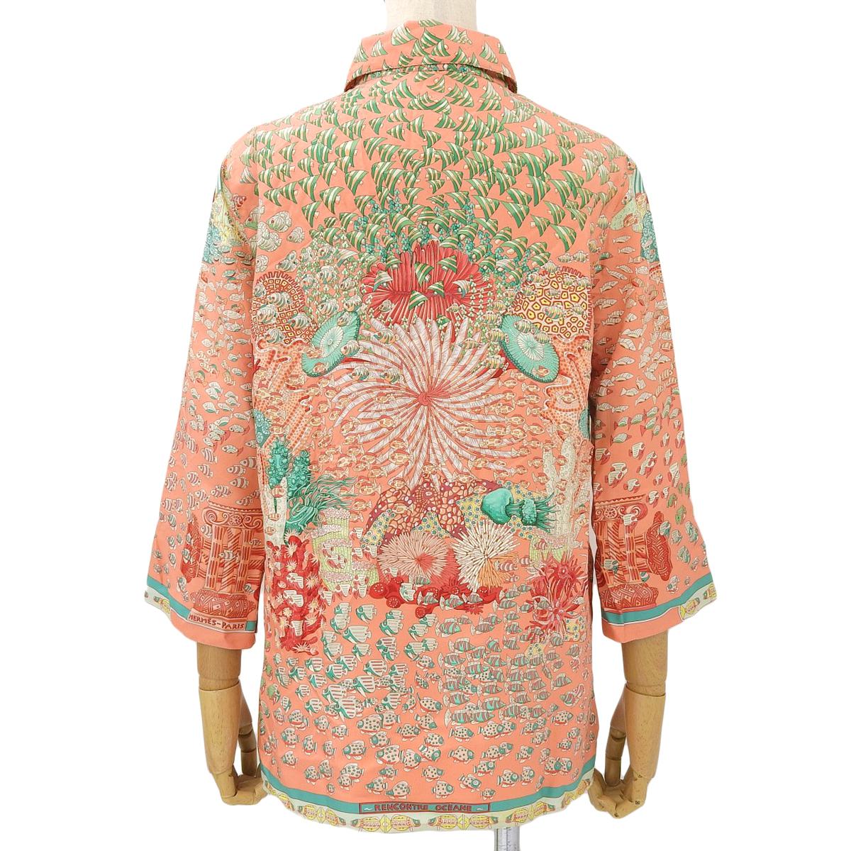 エルメス HERMES フィッシュ柄 プルオーバー ブラウス シルク100％ ピンク×マルチカラー 36 レディース 4251