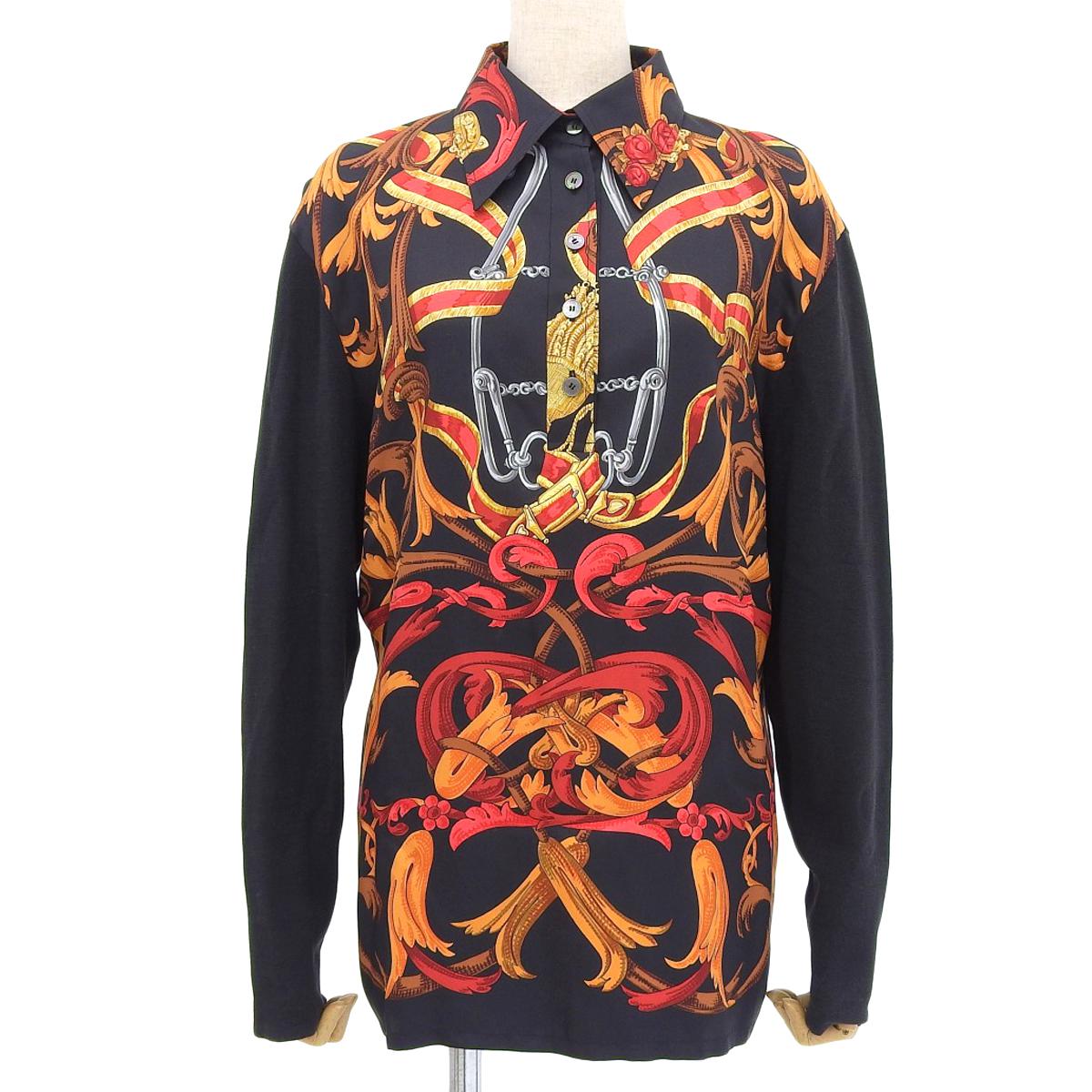 エルメス HERMES プルオーバー 長袖ニット ブラウス シルク コットン ブラック系 L レディース 4252