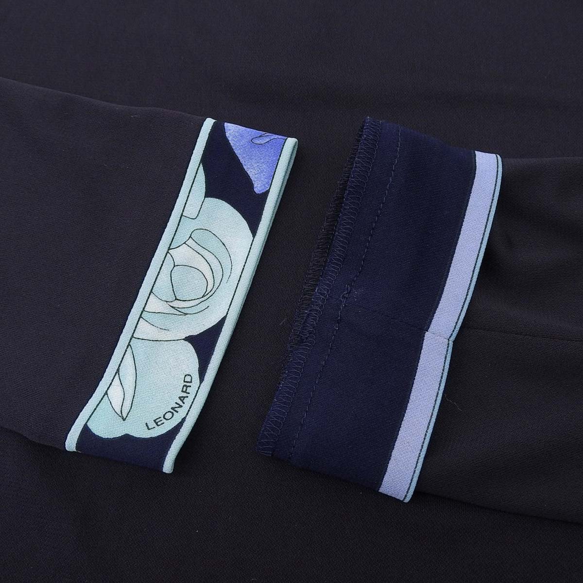 レオナール LEONARD 七分袖 ハイネック カットソー 襟後ろハーフジップ 襟柄 袖口柄 裾柄 ブラック M レディース 軽量素材 4720