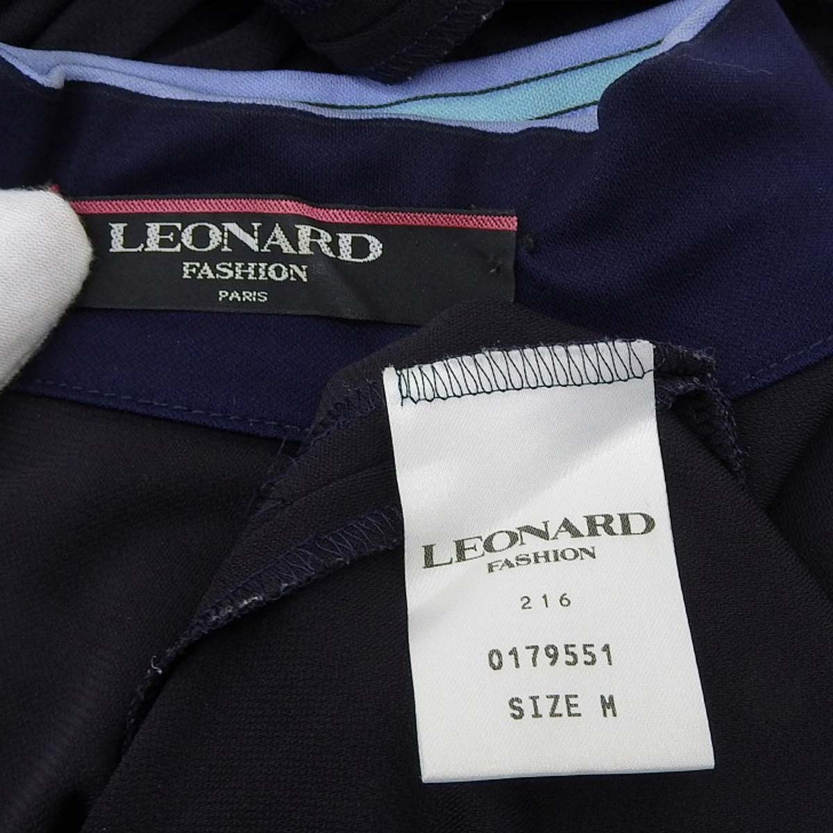 レオナール LEONARD 七分袖 ハイネック カットソー 襟後ろハーフジップ 襟柄 袖口柄 裾柄 ブラック M レディース 軽量素材 4720