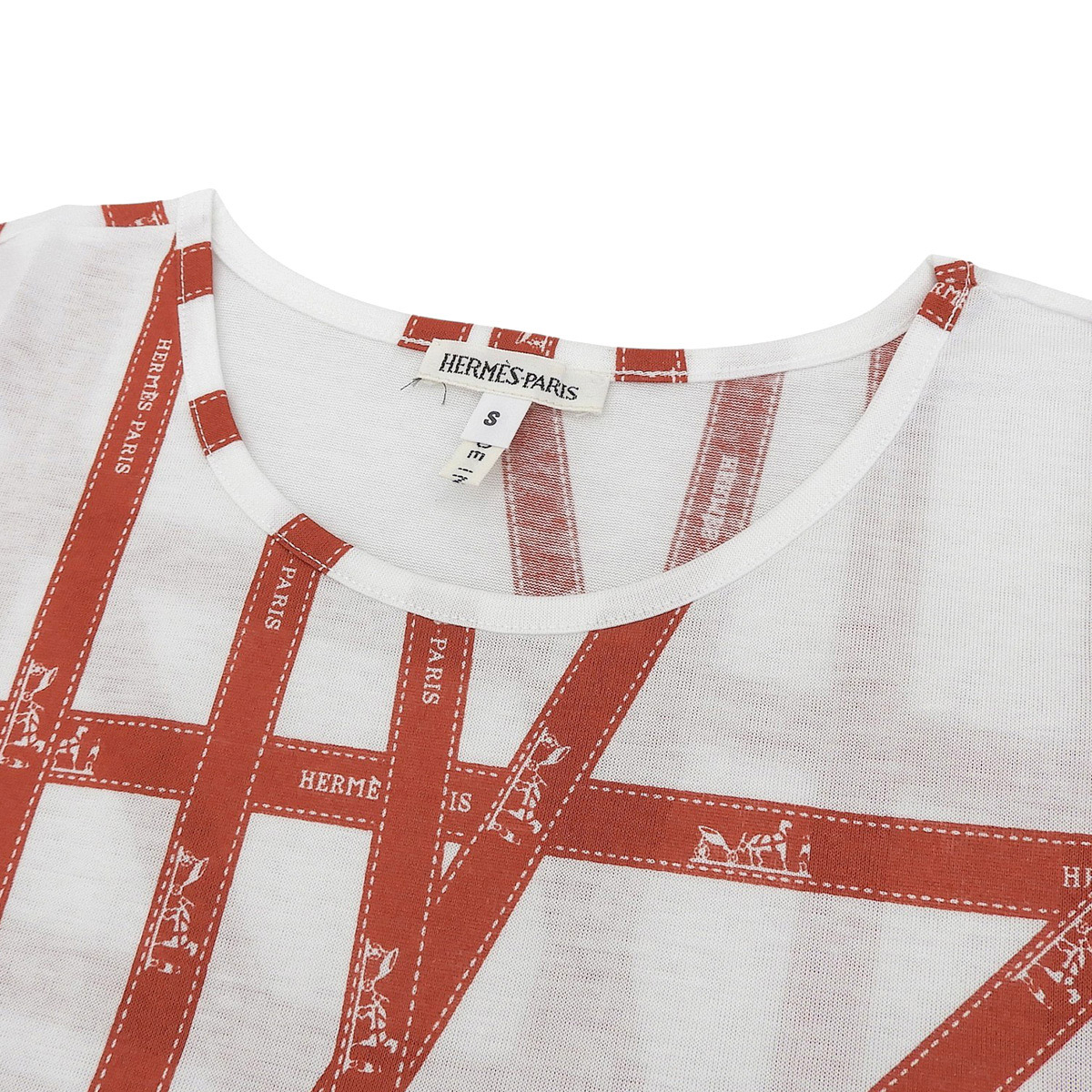 美品 エルメス HERMES 半袖 丸首 ボルデュック リボン柄 Tシャツ