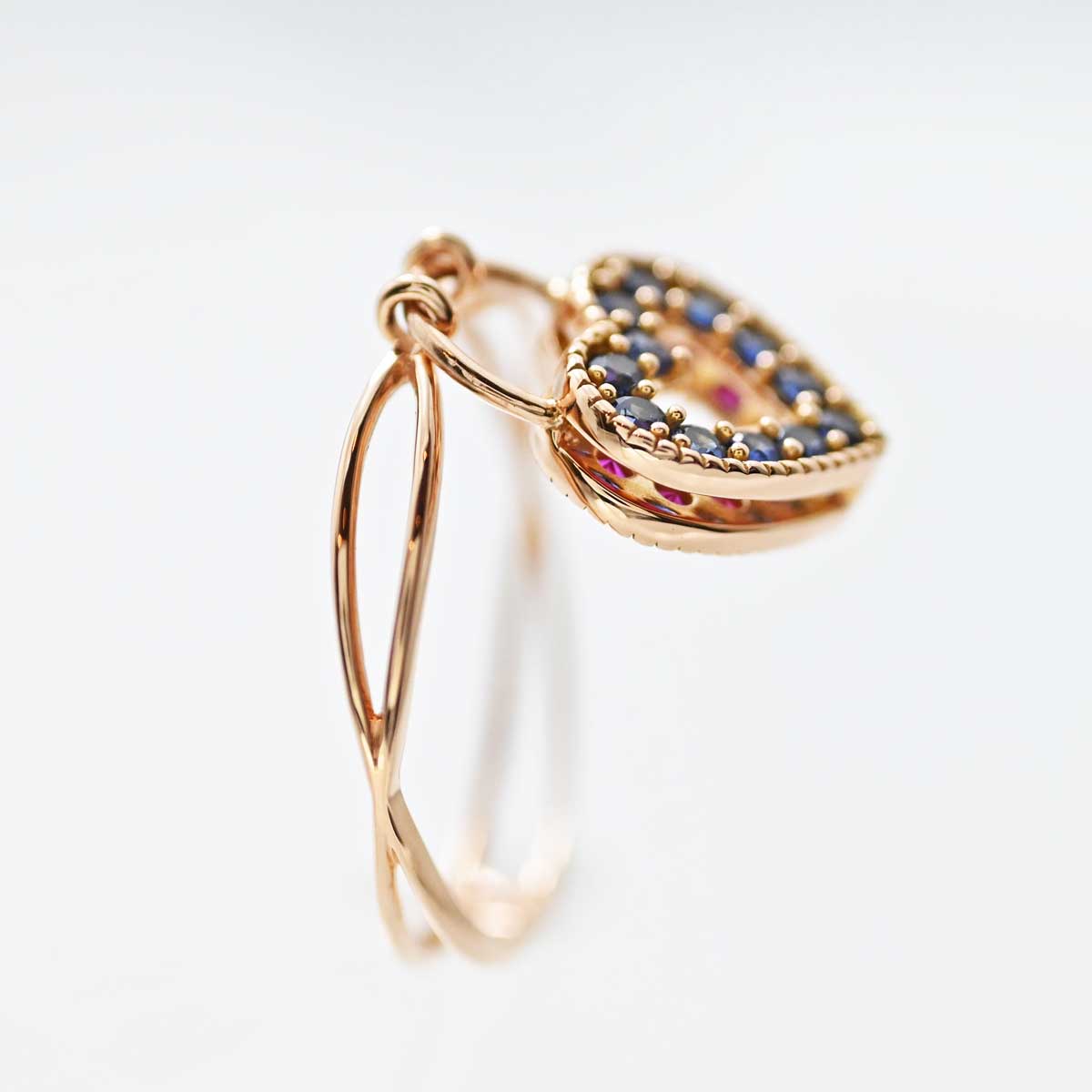 750PG ピンクゴールド サファイア0.20ct ルビー0.20ct ハートリング 13号 レディース 3110