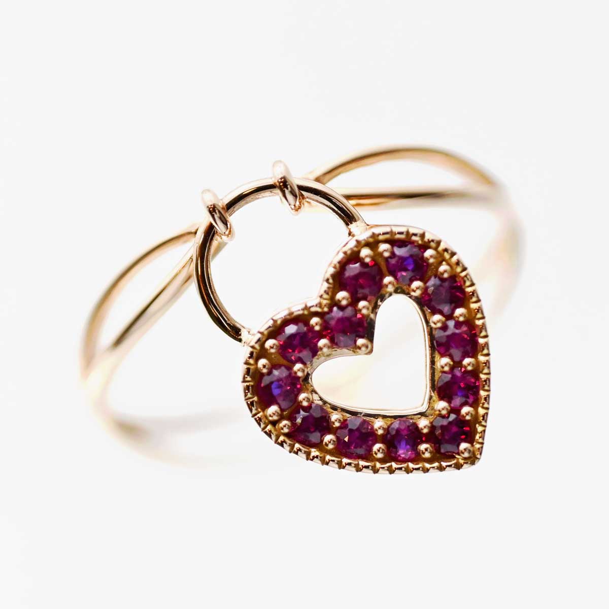 750PG ピンクゴールド サファイア0.20ct ルビー0.20ct ハートリング 13号 レディース 3110