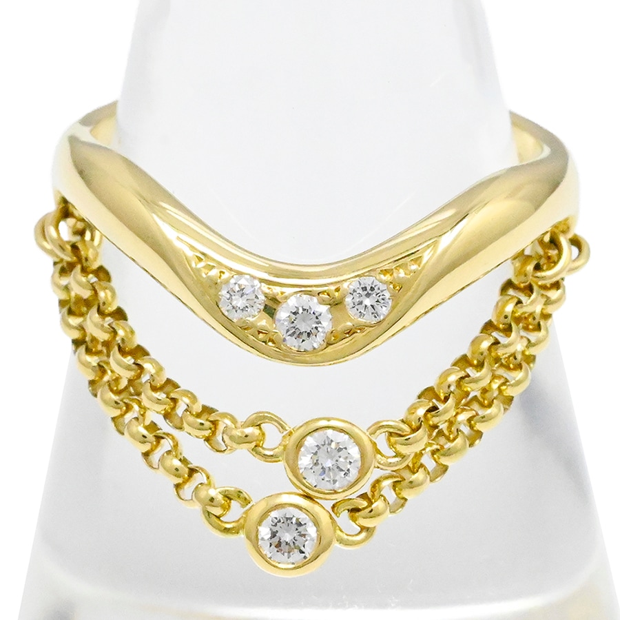 ミキモト MIKIMOTO  K18YG イエローゴールド ダイヤ0.13ct チェーン2連×ダイヤ2P リング サイズ11号 レディース  2016