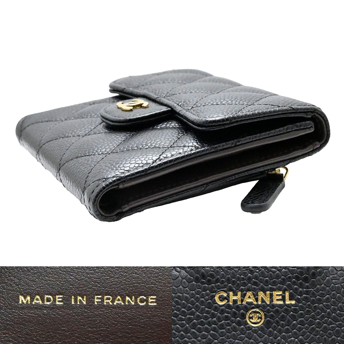 シャネル CHANEL マトラッセ クラシックスモール フラップウオレット キャビアスキン 三つ折り財布 ブラック ココマーク レディース AP0231 3677