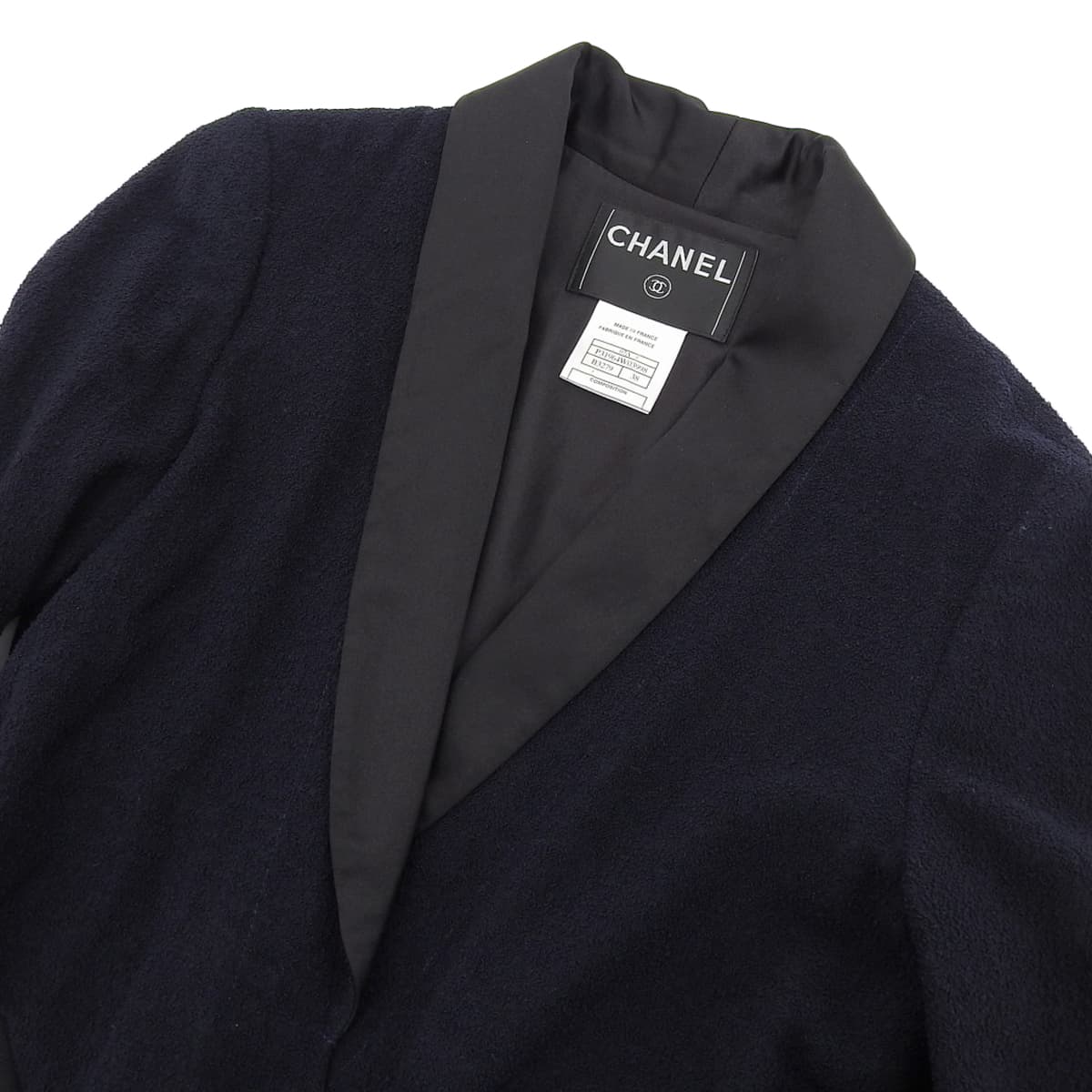 シャネル CHANEL シルクサテン襟 リボン ワンピース 袖ココマーク ウール ナイロン シルク ネイビー × ブラック サイズ38 レディース 07A 4452
