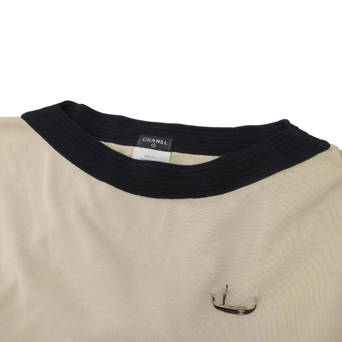 シャネル CHANEL ココマーク 七分袖 ニット ワンピース ボートネック 袖ボーダー コットン ナイロン オフホワイト×ブラック 36 レディース 4723