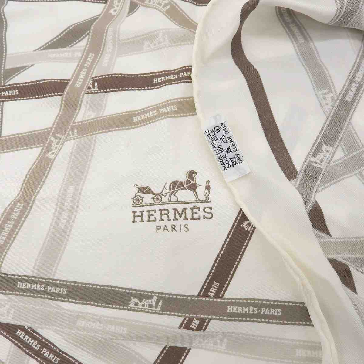 エルメス HERMES ロサンジュ リボン スカーフ シルク オフホワイト ベージュ ブラウン レディース 8785