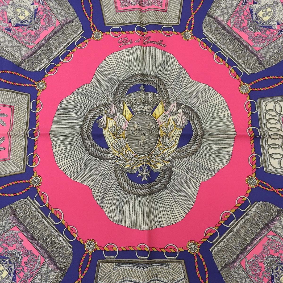 エルメス HERMES カレ90 Poste et Cavlerie サーベルの飾り袋 スカーフ シルク ピンク×ネイビー レディース 4725