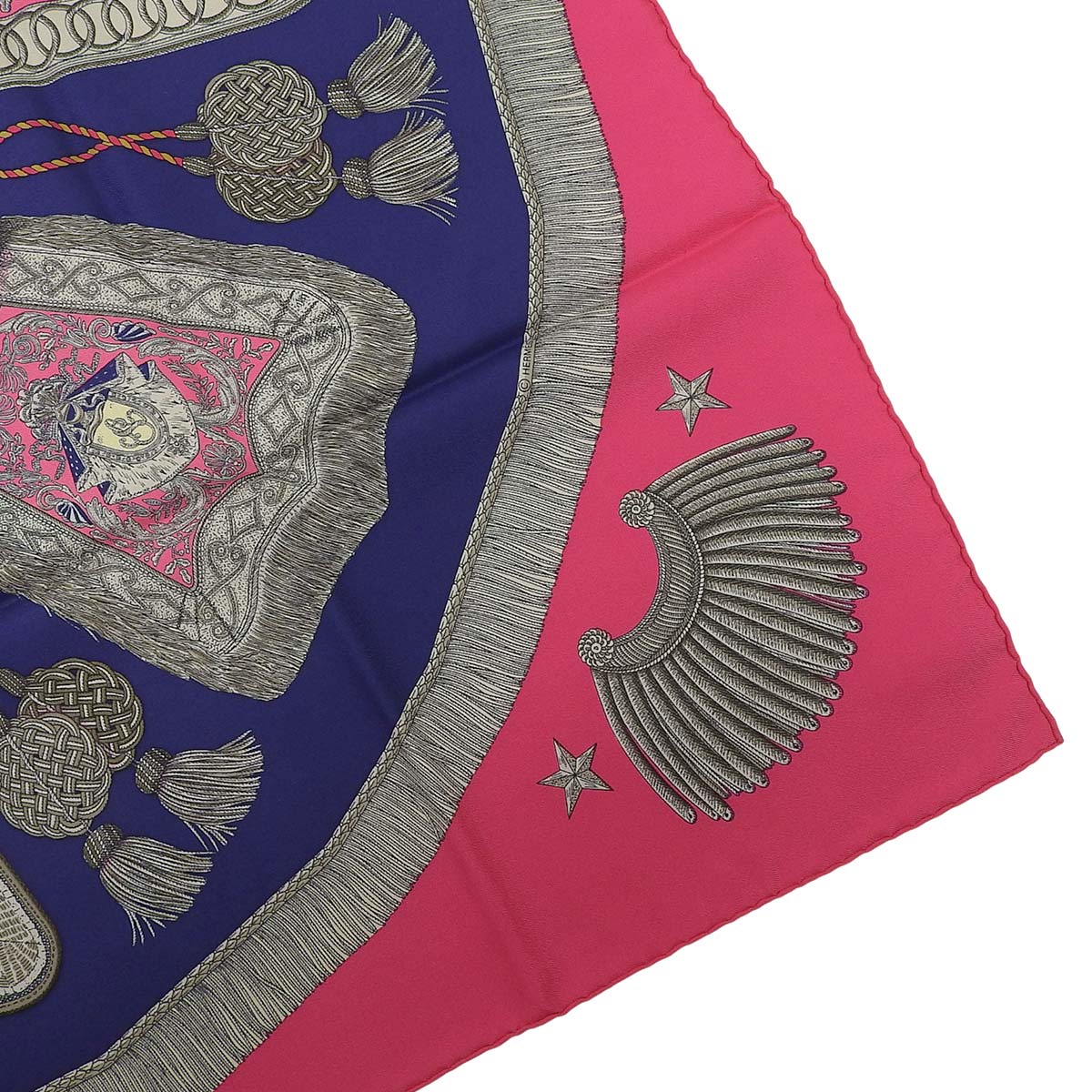 エルメス HERMES カレ90 Poste et Cavlerie サーベルの飾り袋 スカーフ シルク ピンク×ネイビー レディース 4725