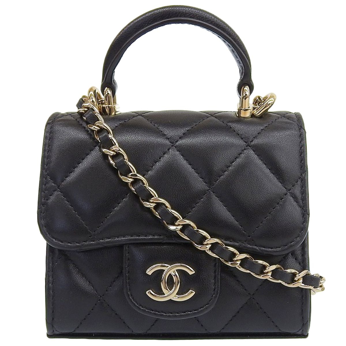 シャネル CHANEL ココマーク トップハンドル ミニショルダーバッグ ポーチ ミラー・カード入れ キルティング レザー 黒 レディース 31番台 4145