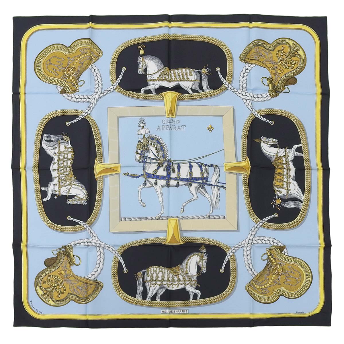 エルメス HERMES カレ90 GRANDAPPARAT 盛装の馬 スカーフ シルク ライトブルー×ブラック レディース 4726