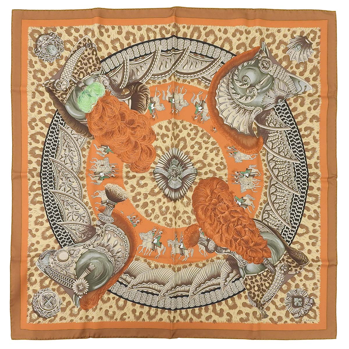 エルメス HERMES カレ90 CASQUES et PLUMETS 面貌のない兜 スカーフ シルク ブラウン×オレンジ レディース 4727