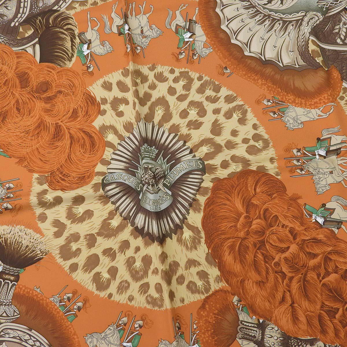 エルメス HERMES カレ90 CASQUES et PLUMETS 面貌のない兜 スカーフ シルク ブラウン×オレンジ レディース 4727