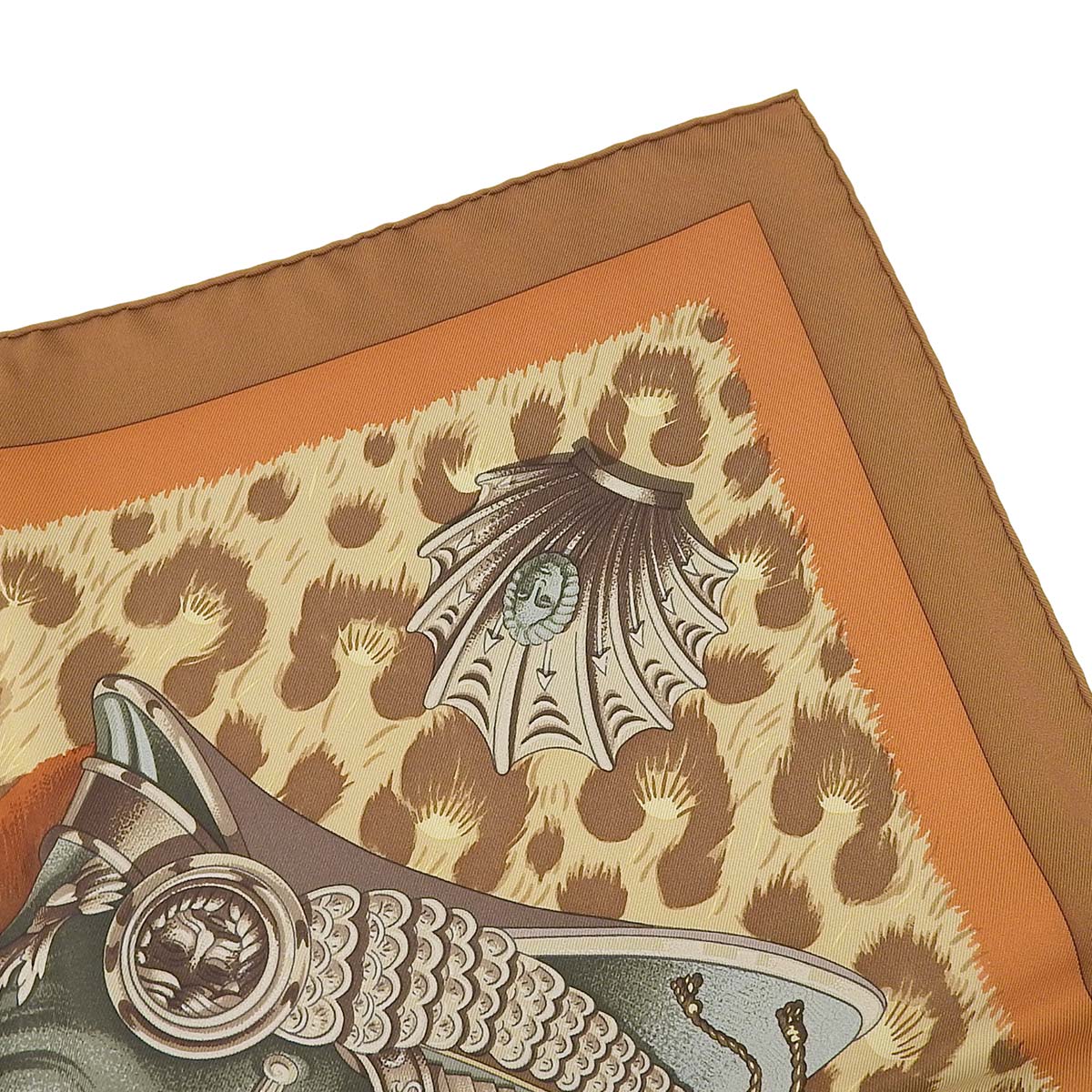 エルメス HERMES カレ90 CASQUES et PLUMETS 面貌のない兜 スカーフ シルク ブラウン×オレンジ レディース 4727