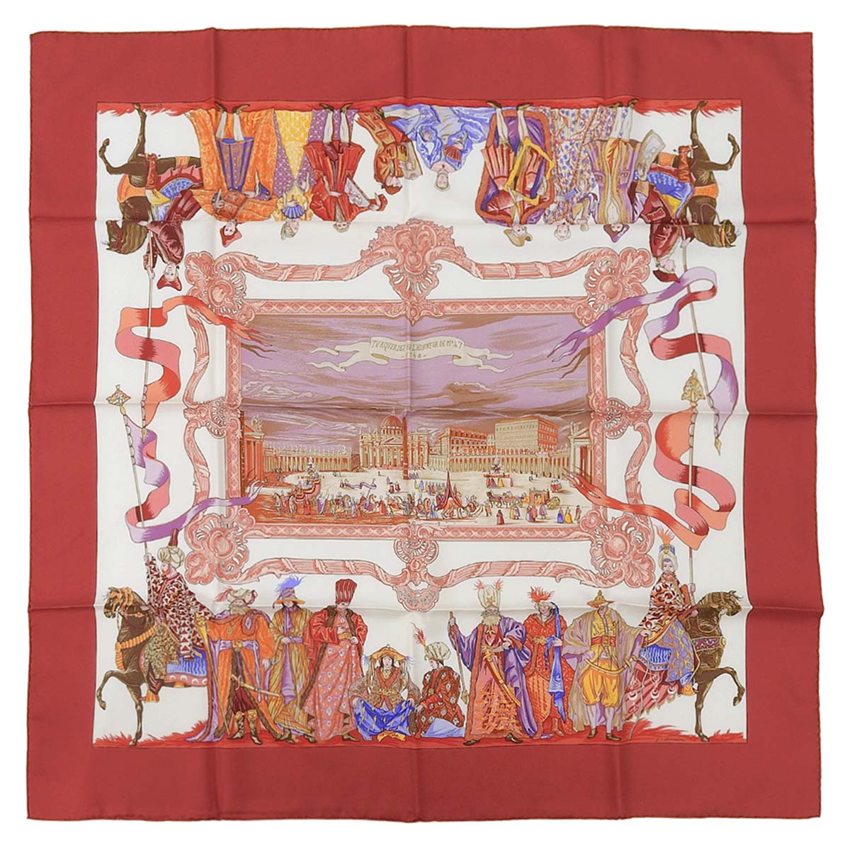 エルメス HERMES カレ90 TURQVERIES EN L’HONNEUR DE MHT1748 ムッシュ・ド・Tのためのトルコ行進曲 レッド×オフホワイト レディース 4728