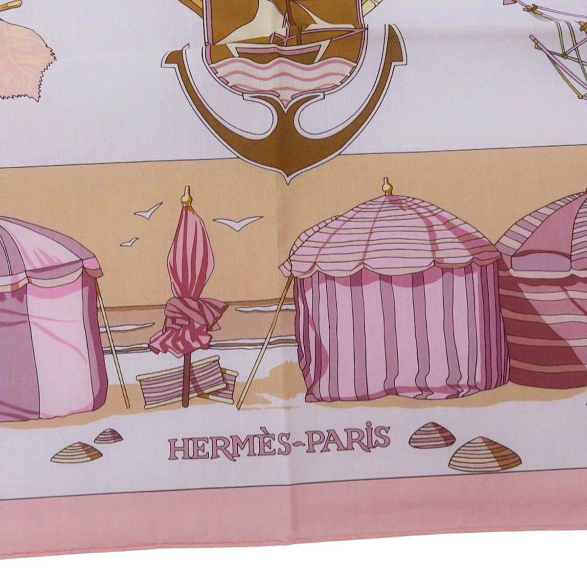 エルメス HERMES カレ CHARMES DES PLAGES NORMANDES ノルマンディ海岸の魅力 スカーフ コットン ピンク×ベージュ レディース 4636