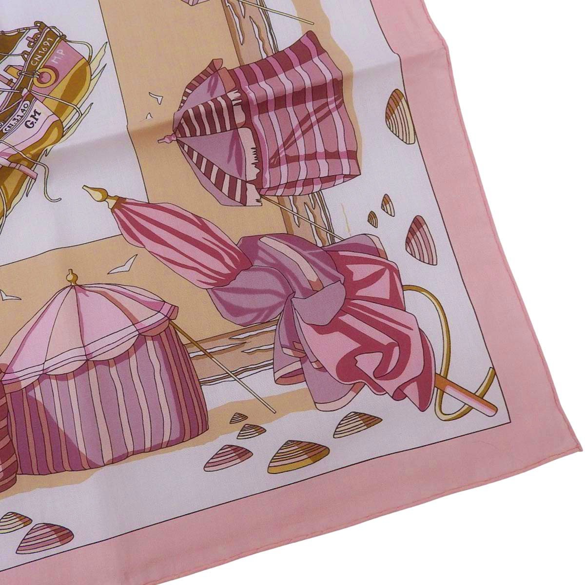 エルメス HERMES カレ CHARMES DES PLAGES NORMANDES ノルマンディ海岸の魅力 スカーフ コットン ピンク×ベージュ レディース 4636