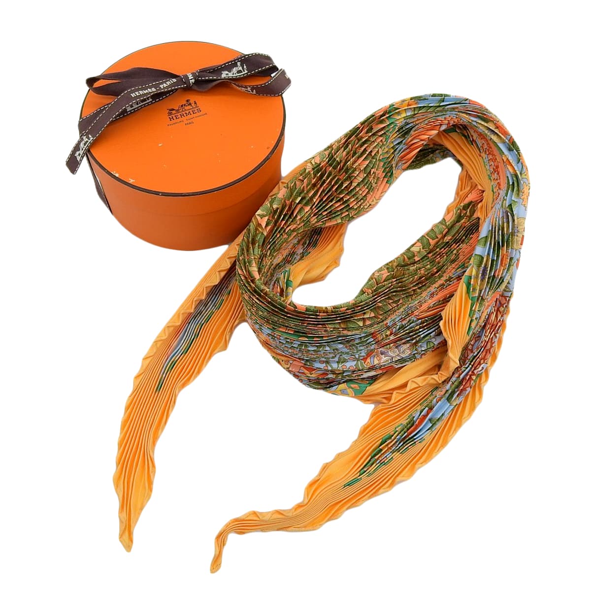 エルメス HERMES プリーツスカーフ AXisMundi 世界の中心軸 シルク オレンジ レディース 4730