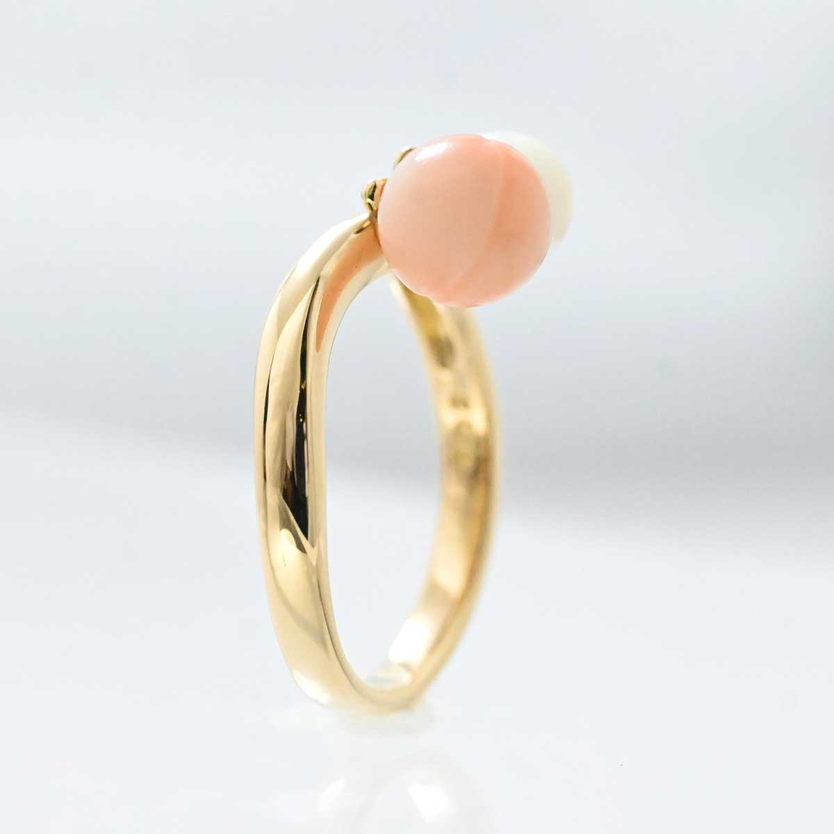 タサキ TASAKI K18YG イエローゴールド ダイヤ0.02ct パール サンゴ リング 11号 レディース 3240