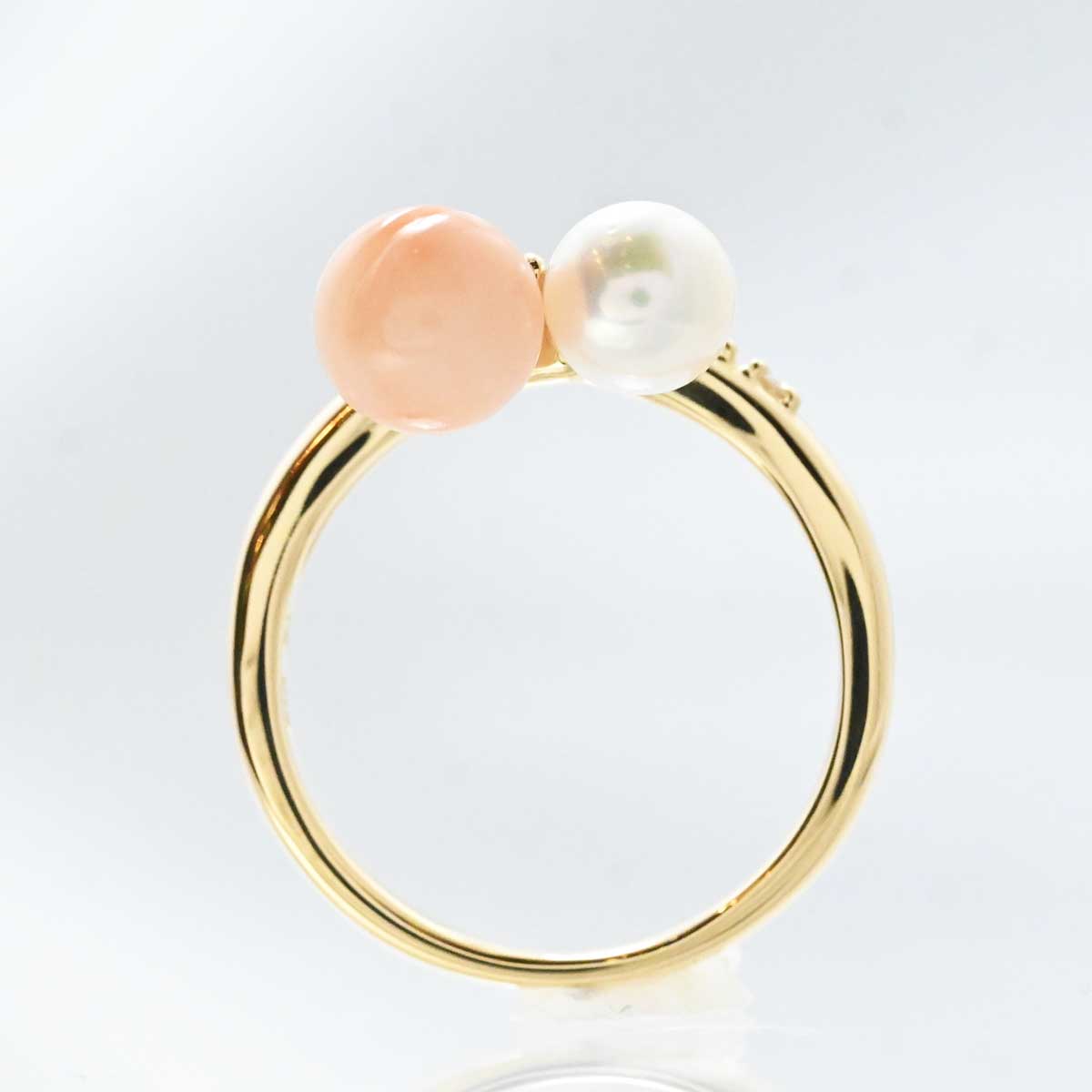 タサキ TASAKI K18YG イエローゴールド ダイヤ0.02ct パール サンゴ リング 11号 レディース 3240