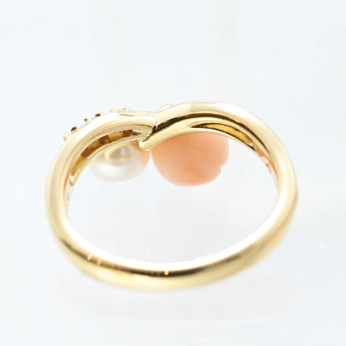 タサキ TASAKI K18YG イエローゴールド ダイヤ0.02ct パール サンゴ リング 11号 レディース 3240