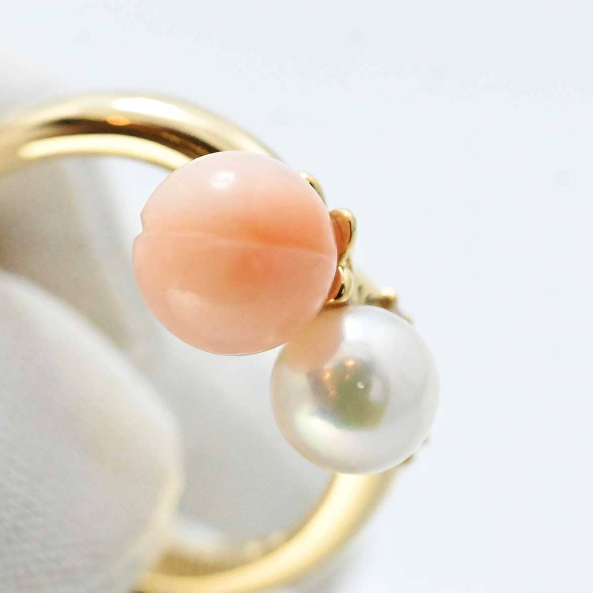 タサキ TASAKI K18YG イエローゴールド ダイヤ0.02ct パール サンゴ リング 11号 レディース 3240