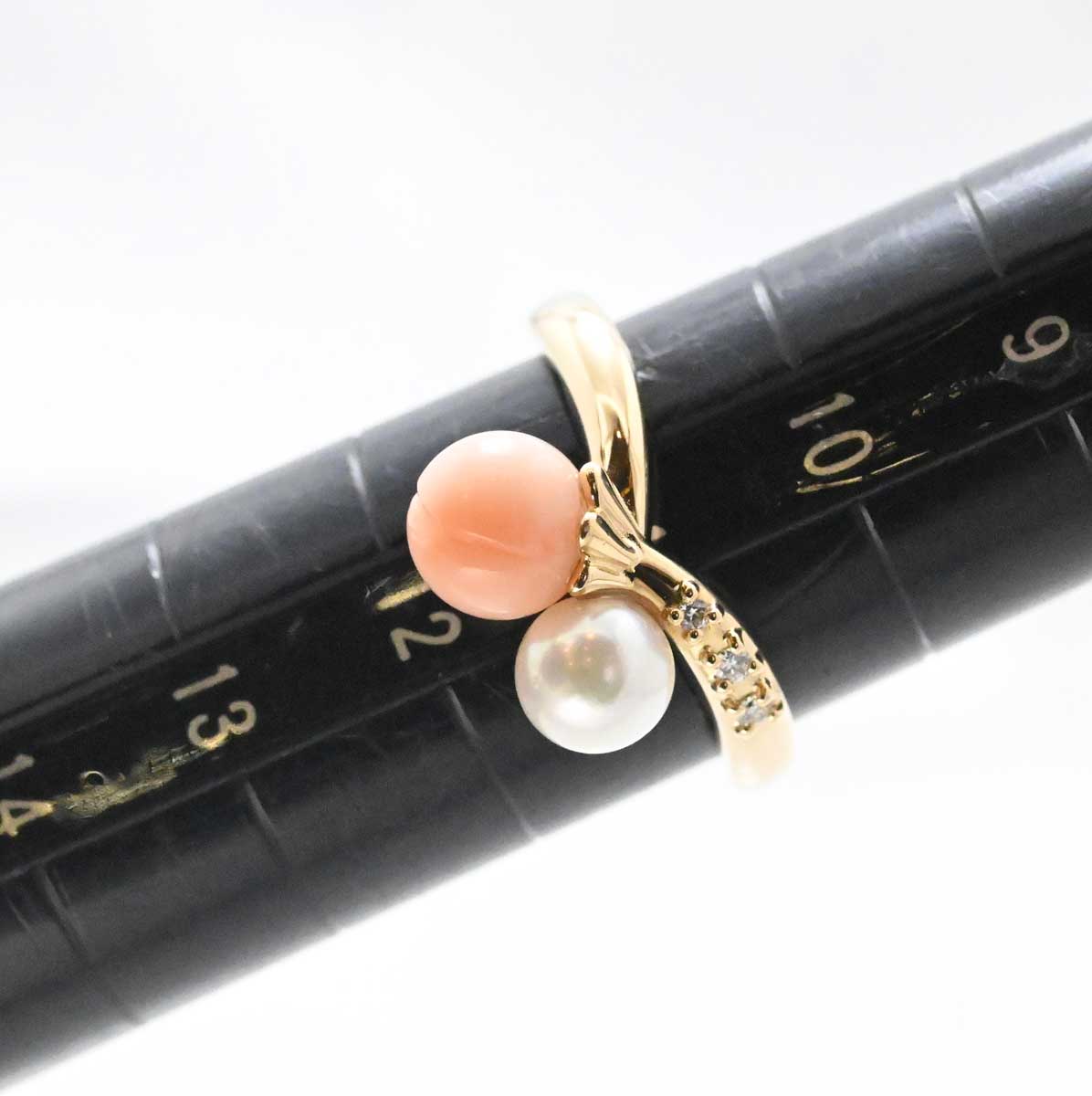 タサキ TASAKI K18YG イエローゴールド ダイヤ0.02ct パール サンゴ リング 11号 レディース 3240