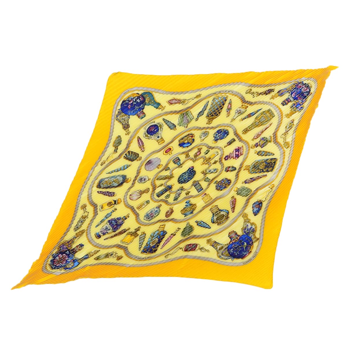 【専用】未使用品　エルメス プリーツカレ スカーフ イエロー エルメス HERMES プリーツスカーフ Qu immorte le flacon 香水瓶