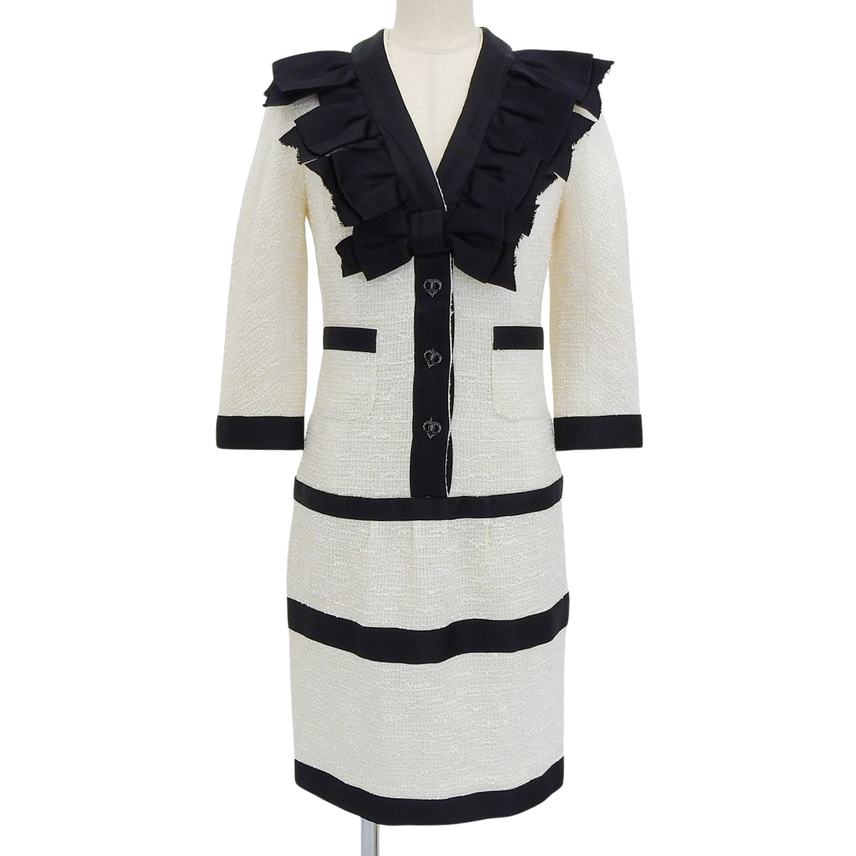 シャネル CHANEL クルーズコレクション バイカラー ツイード ワンピース リボン ココマークボタン 裏地付き 36 レディース P34740V21179 4732