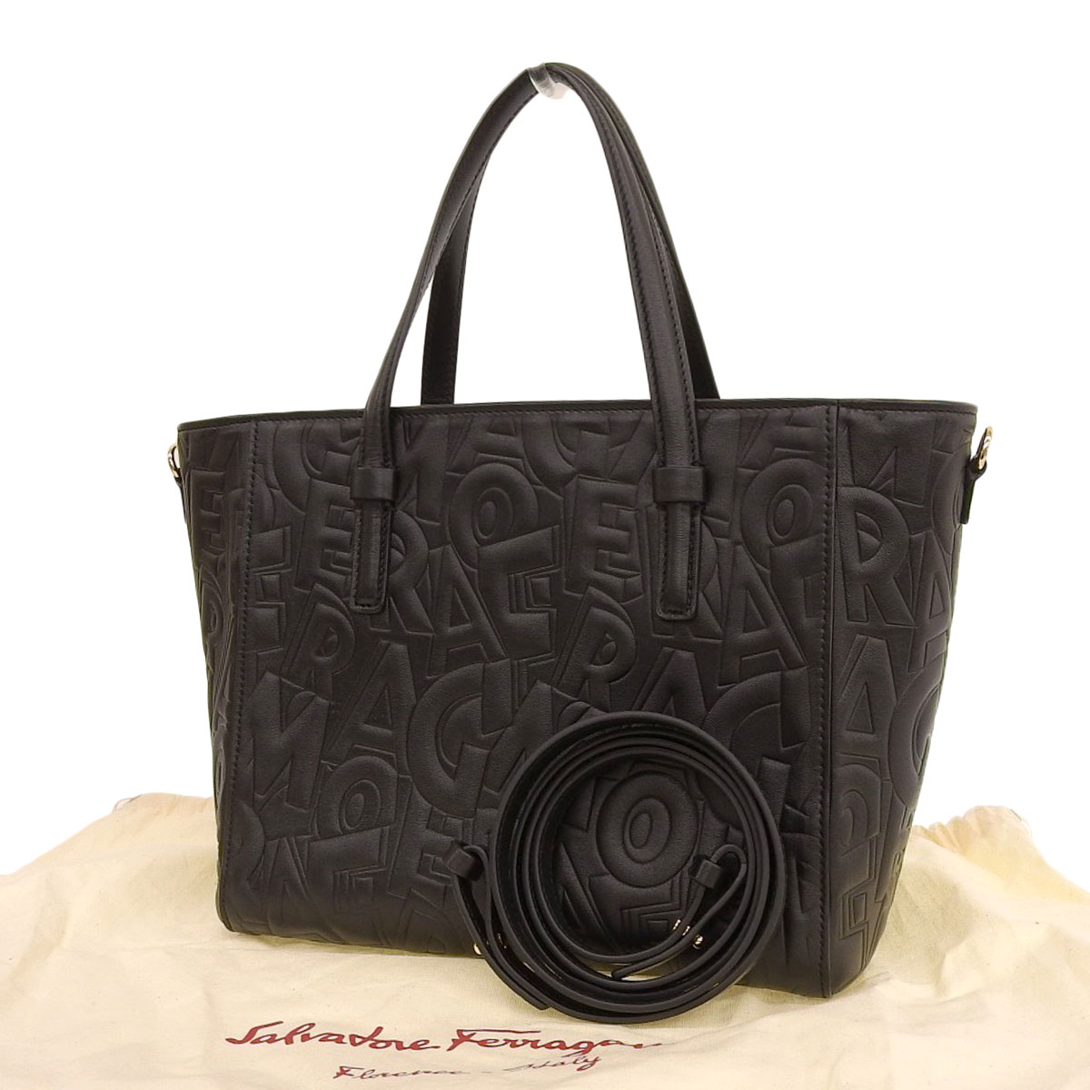フェラガモ FERRAGAMO 2WAY トートバッグ ショルダーバッグ 型押しレザー ブラック レディース 4036