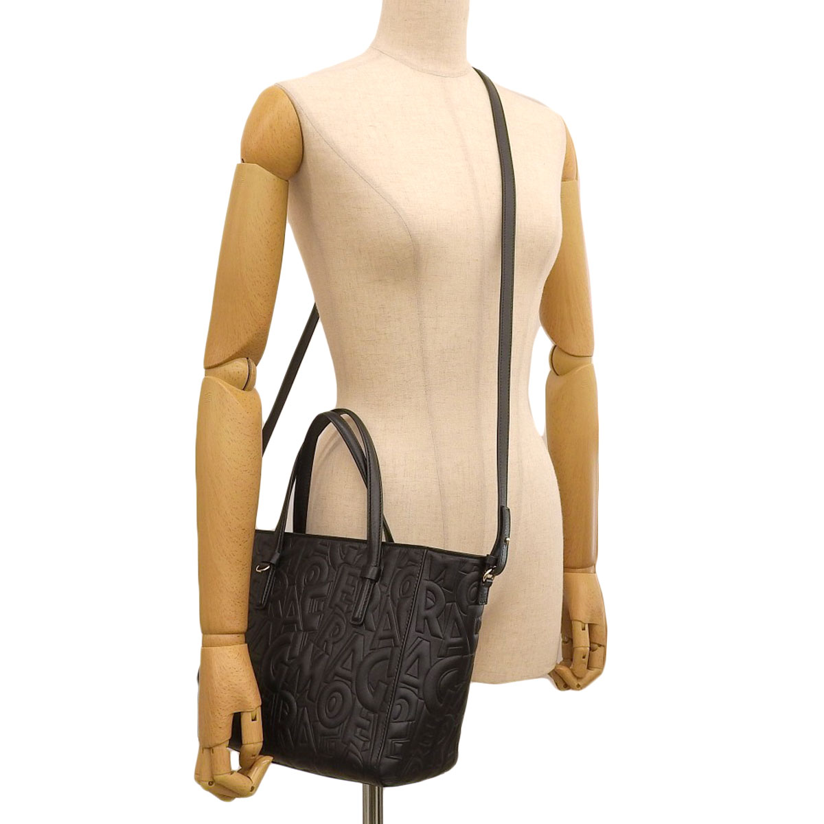 フェラガモ FERRAGAMO 2WAY トートバッグ ショルダーバッグ 型押しレザー ブラック レディース 4036