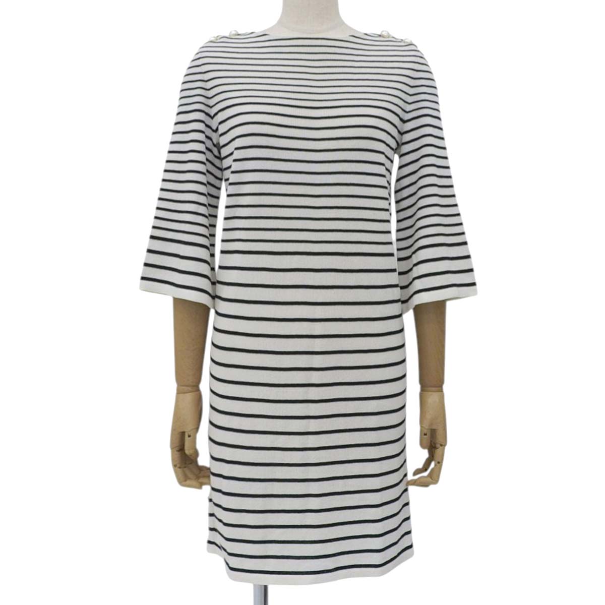 シャネル CHANEL サマーニット ボーダー 5分袖 ワンピース コットン混 ホワイト×ブラック サイズ34 レディース ココマークボタン 4639