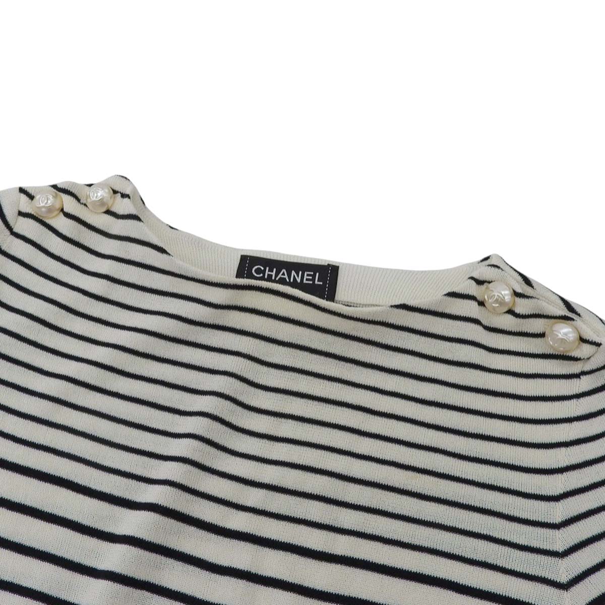 シャネル CHANEL サマーニット ボーダー 5分袖 ワンピース コットン混 ホワイト×ブラック サイズ34 レディース ココマークボタン 4639