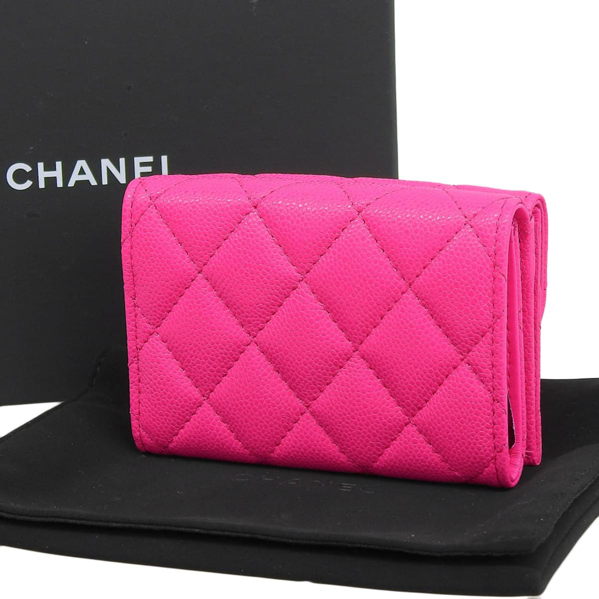 シャネル CHANEL ココマーク マトラッセ Wホック 三つ折り コンパクト財布 キャビアスキン ネオンピンク ゴールド金具 レディース 4737
